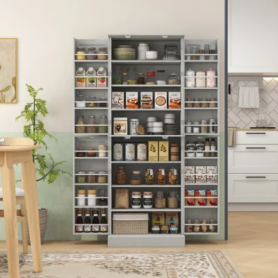 HOMCOM 65" Kitchen Pantry Cabinet with 4 Doors & 16 Shelves, Gray