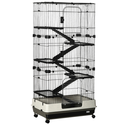 PawHut 32"L 6-Level Small Animal Cage, Black with Wheels