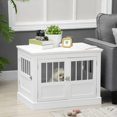PawHut Wooden Dog Crate End Table, Triple Door, White