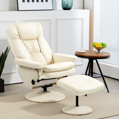 HOMCOM PU Leather Swivel Recliner Chair with Ottoman, Cream White