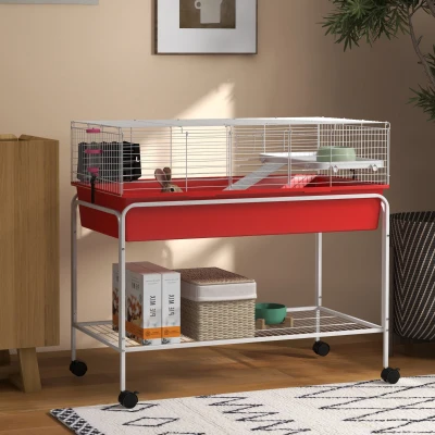 PawHut 39" Two-Story Small Animal Cage, Red with Wheels