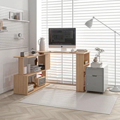 HOMCOM L Shaped Corner Desk, 360° Rotating, Maple