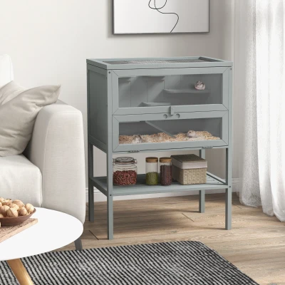 PawHut 3-Tier Wooden Hamster Cage with Storage Shelf, Gray
