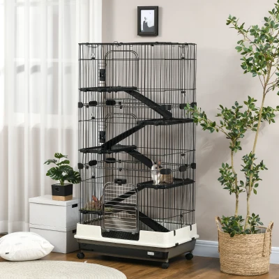PawHut 32"L 6-Level Small Animal Cage, Black with Wheels