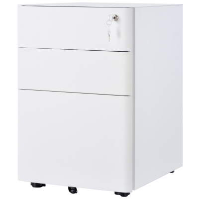 Vinsetto 3 Drawer Filing Cabinet, Steel Home Office Storage Cabinet with Wheels, Lock for A4, Letters, Legal-sized Files, White