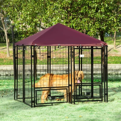PawHut 5' Outdoor Dog Kennel, Welded Steel with Canopy, Red