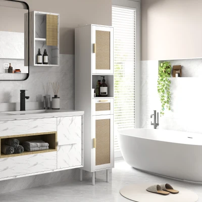 HOMCOM Tall Bathroom Cabinet with Rattan Doors & Drawer, White