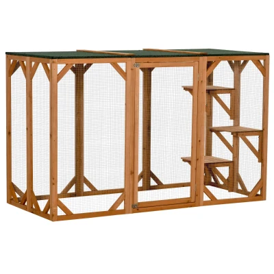 PawHut 71″ Wooden Outdoor Cat Enclosure, Gray