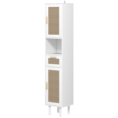 HOMCOM Tall Bathroom Cabinet with Rattan Doors & Drawer, White