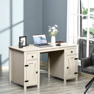 HOMCOM Farmhouse Computer Desk, Cream White, 2 Drawers, 2 Cabinets