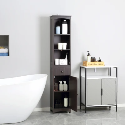 HOMCOM Tall Bathroom Storage Cabinet with Shelves & Drawer, Brown