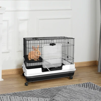PawHut 2-Level Rabbit Hutch with Wheels & Removable Tray, Black