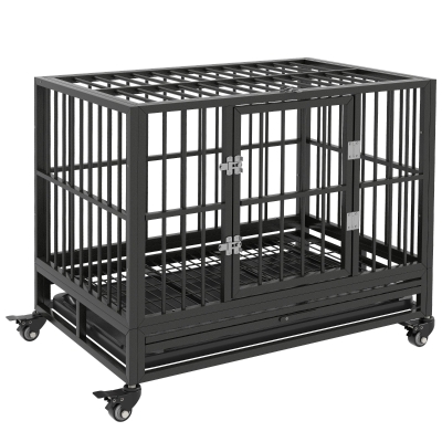 PawHut 36" Heavy Duty Dog Crate, Metal Cage with Lockable Wheels