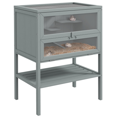 PawHut 3-Tier Wooden Hamster Cage with Storage Shelf, Gray