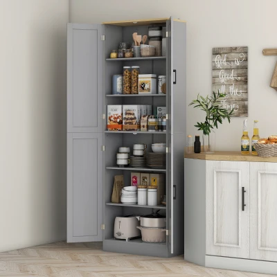 HOMCOM Freestanding Kitchen Pantry Cabinet, 4-Door, Distressed Gray