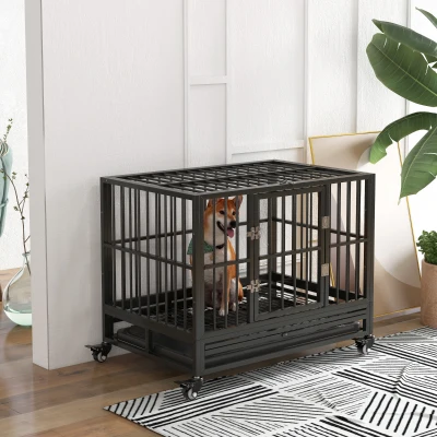 PawHut 36" Heavy Duty Dog Crate, Metal Cage with Lockable Wheels