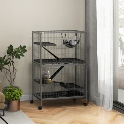 PawHut 50" Rolling Small Animal Cage with Hammock, 4 Doors