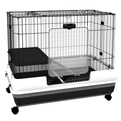 PawHut 2-Level Rabbit Hutch with Wheels & Removable Tray, Black