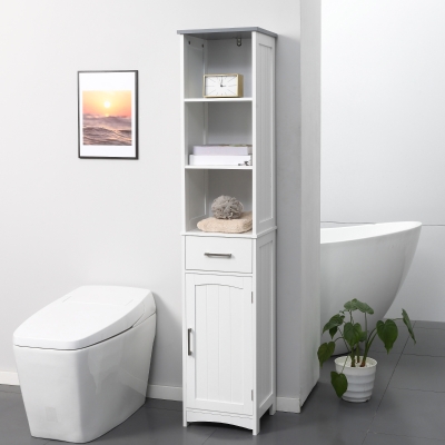 Kleankin Tall Bathroom Storage Cabinet, Slim 3-Tier Tower, White