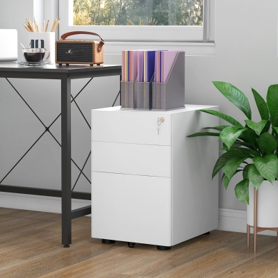 Vinsetto 3 Drawer Filing Cabinet, Steel Home Office Storage Cabinet with Wheels, Lock for A4, Letters, Legal-sized Files, White