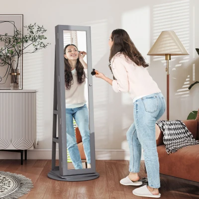 HOMCOM 360° Swivel Lockable Jewelry Armoire with Mirror, Gray
