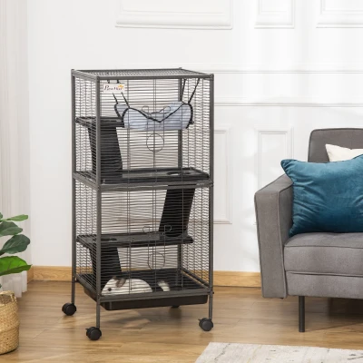PawHut Metal Ferret Cage, 4-Tier with Hammock, Gray