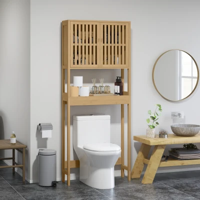 HOMCOM Bamboo Over-Toilet Cabinet with Slatted Doors, Natural