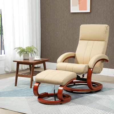 HOMCOM Faux Leather Recliner Chair with Ottoman, Swivel Wood Base, Beige