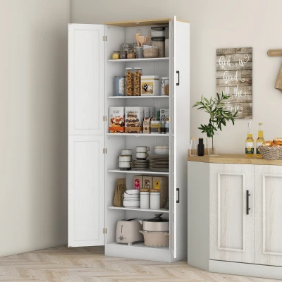 HOMCOM Freestanding Kitchen Pantry Cabinet, 4-Door, Distressed White