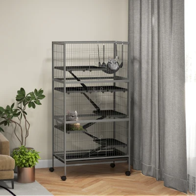 PawHut 63" Rolling Ferret Cage with Hammock, 6 Doors