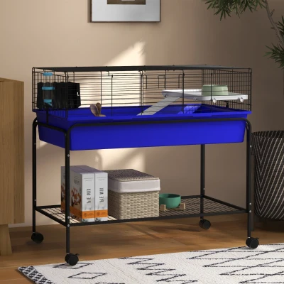 PawHut 39" Two-Story Small Animal Cage, Blue with Wheels