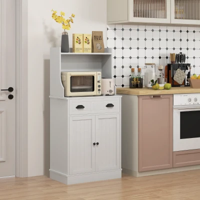 HOMCOM Kitchen Microwave Cabinet with Drawer & Hutch White