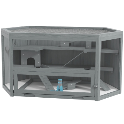 PawHut 3-Tier Wooden Hamster Cage with Activity Center, Gray