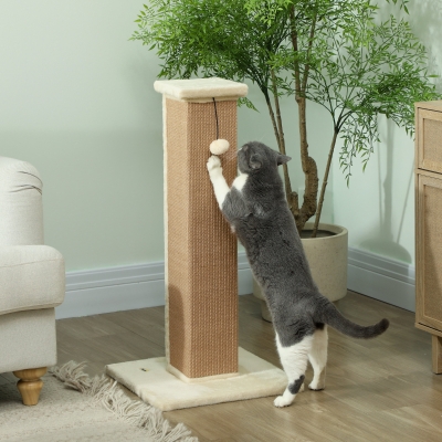 PawHut 32" Tall Cat Scratching Post for Indoor Cats and Kittens, Sisal Cat Scratcher with Hanging Ball Soft Plush, Beige