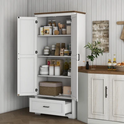 HOMCOM 69" Farmhouse Kitchen Pantry Cabinet with Drawer, White