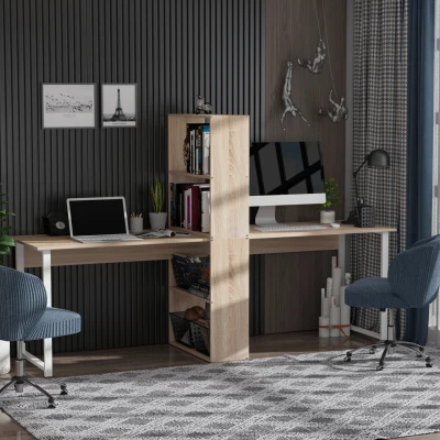 HOMCOM 88" 2-Person Computer Desk with Storage, Natural Wood