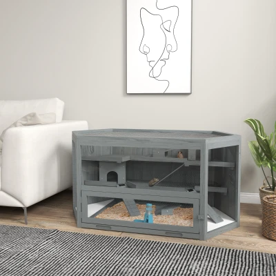 PawHut 3-Tier Wooden Hamster Cage with Activity Center, Gray