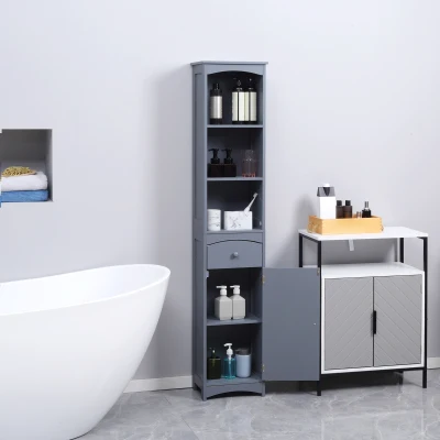 HOMCOM Tall Bathroom Storage Cabinet with Shelves and Drawer, Grey