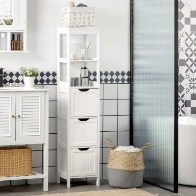 Kleankin Tall Bathroom Cabinet, 3 Drawers, 12" x 12" x 56", White