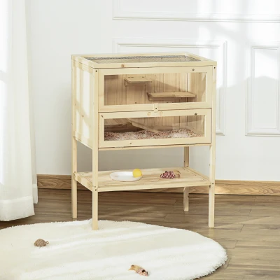 PawHut 3-Tier Wooden Hamster Cage, Natural Wood