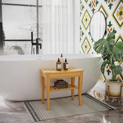 HOMCOM 20" Bamboo Shower Bench Seat with Storage Shelf