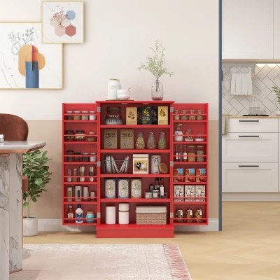 HOMCOM Red Kitchen Sideboard Cabinet with Double Doors & 5-Tier Shelving