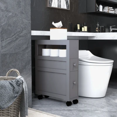 kleankin Narrow Bathroom Storage Cabinet with Drawers & Wheels, Gray