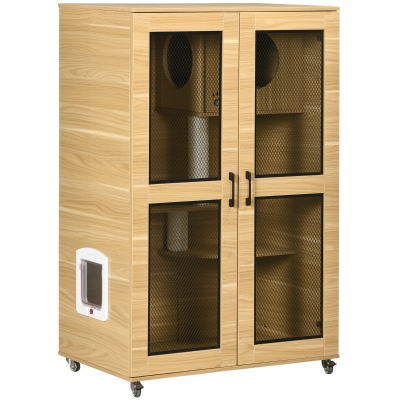 PawHut Luxury Cat House with Wheels, 31.5" x 20", Oak