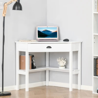 HOMCOM Triangle Corner Desk with Drawer, White