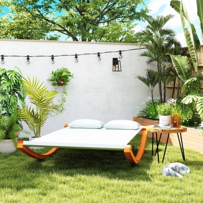 Outsunny Rocking Double Sun Lounger Hammock with Curved Wooden Stand Outdoor Yard Patio, White Teak