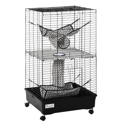 PawHut 42" Metal Ferret Cage with Wheels and Hammocks, Black