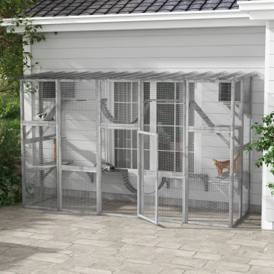 PawHut Catio Playground Enclosure for Multiple Cats, Gray