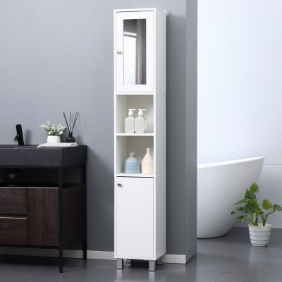 Kleankin Tall Bathroom Storage Cabinet with Mirror, White