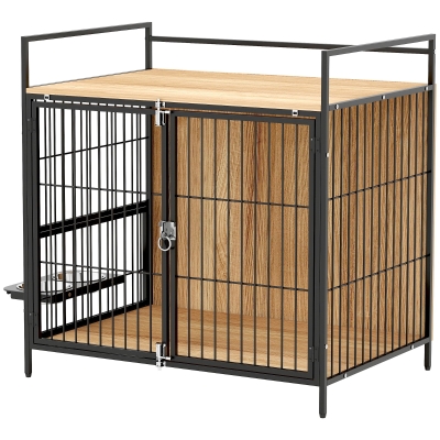 PawHut 30" Dog Crate Furniture with Bowls & 2 Doors, Oak